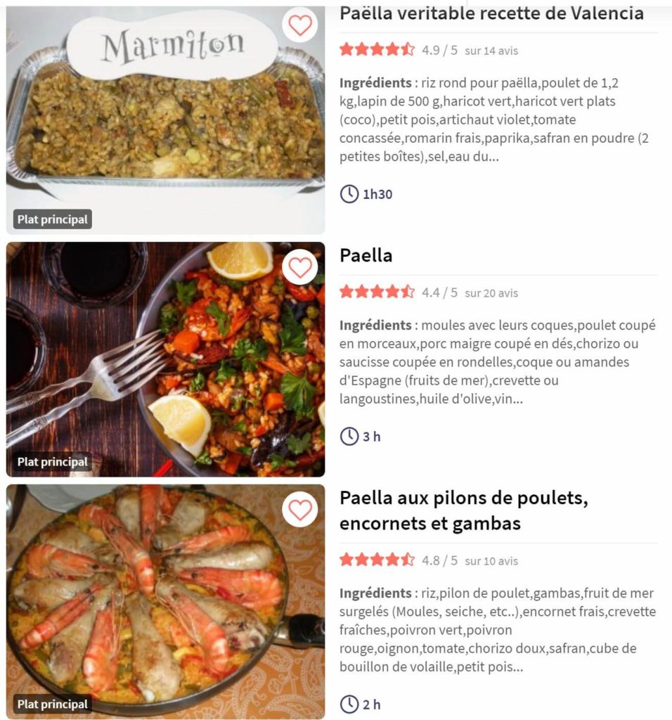 Liste de recettes de paëlla avec leur photo