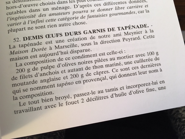 Extrait d'un livre de recette décrivant la recette de la tapenade