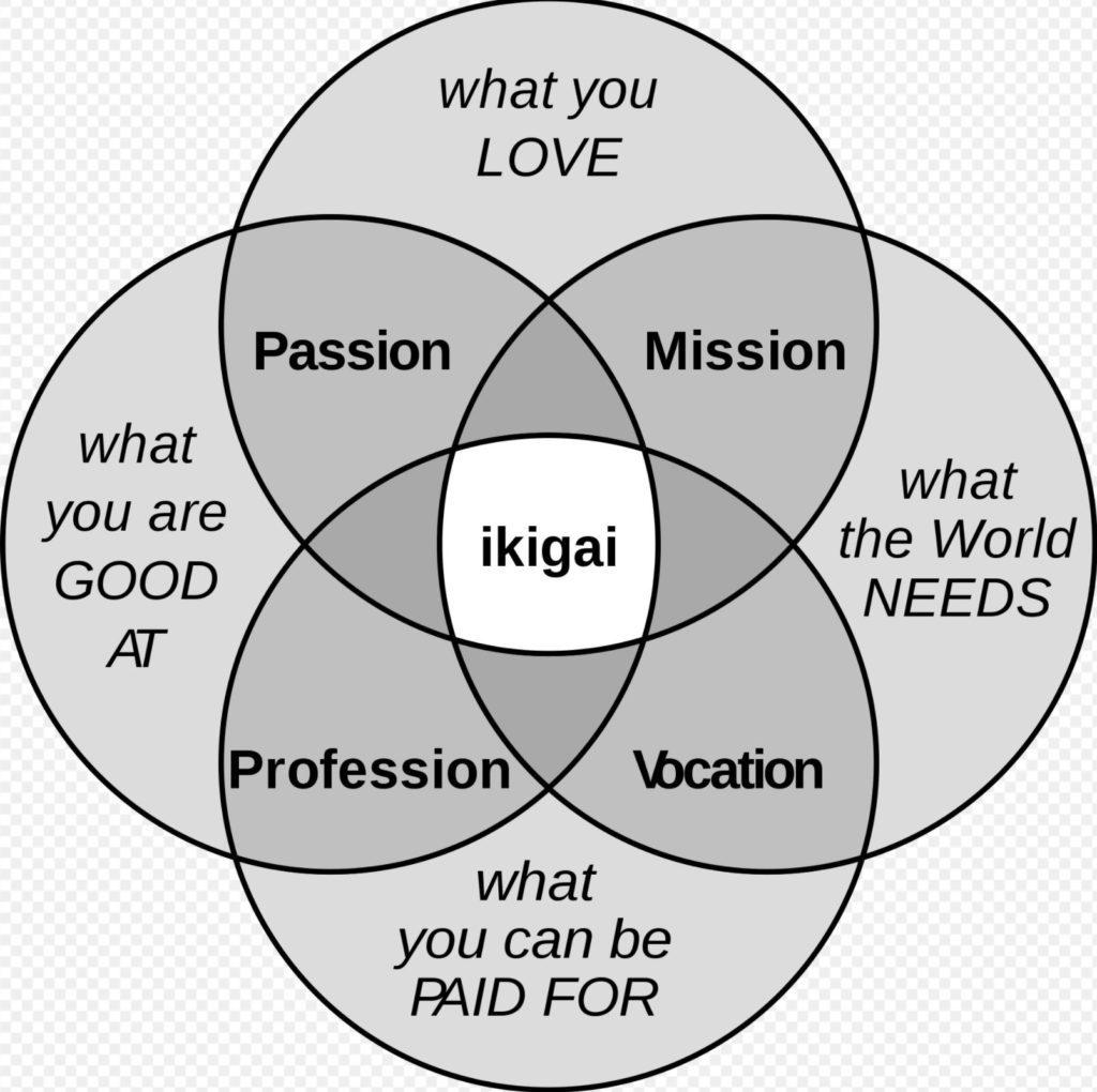 4 cercles superposés dont l'intersection représente l'ikigai, la mission de vie